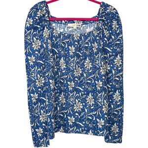 Loft Blue and White elegant floral square neckline long sleeve top Size Medium
